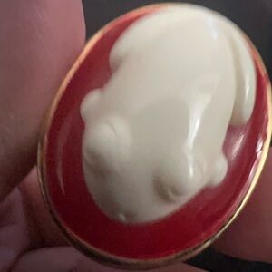 Vintage Cameo Ring with Red and Cream Design Frog Ring. Cross posted